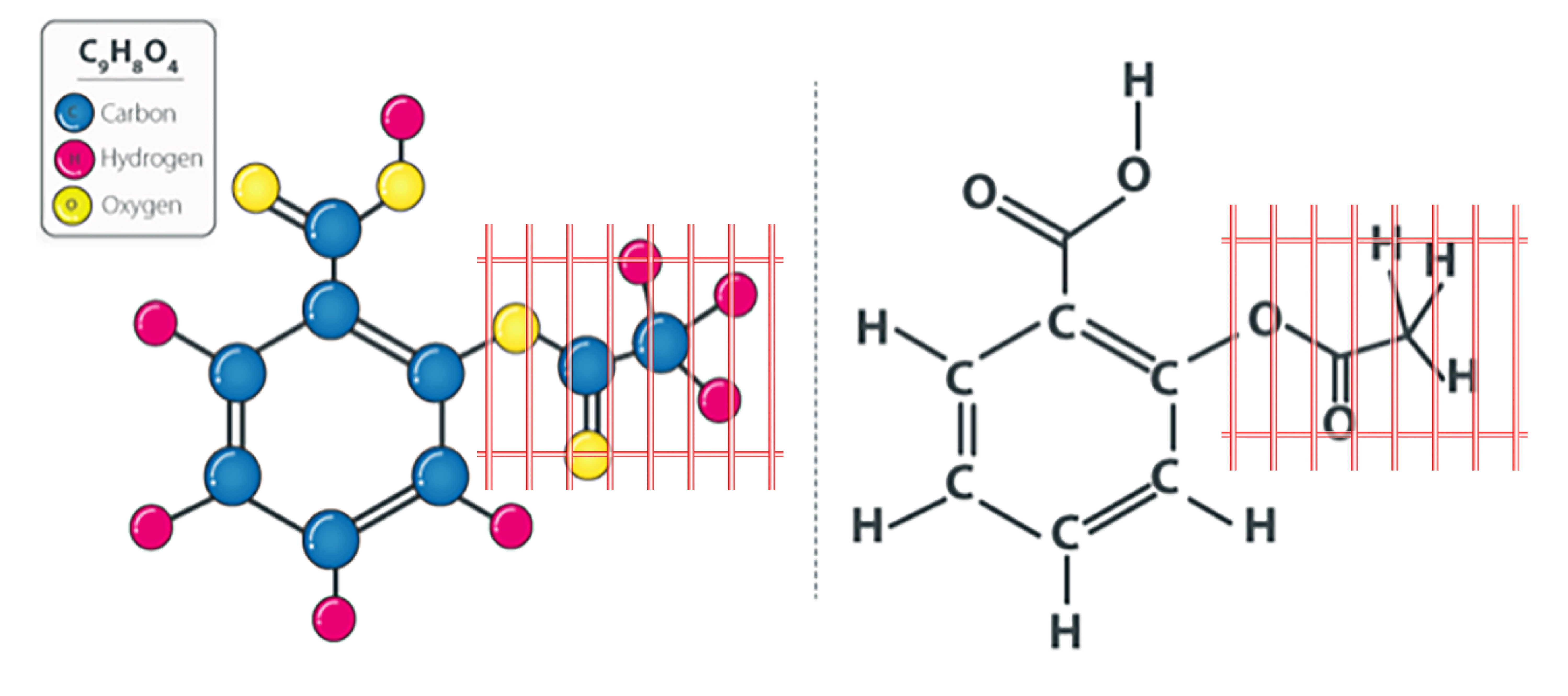 Diagrams of aspirin (acetylsalicylic acid) molecules (C₉H₈O₄), with one portion of each molecule enclosed within a nanocage