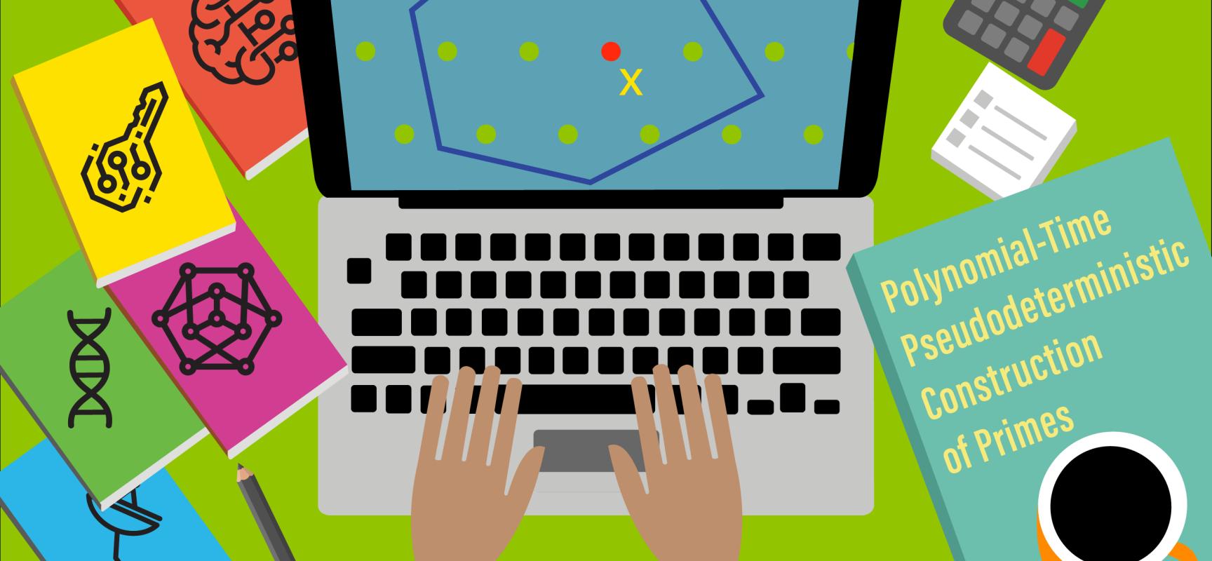 Two hands typing at laptop computer whose screen shows a polytope with a point inside it. Beside the laptop is a book with "Polynomial-Time Pseudodeterministic Construction of Primes" on its cover.