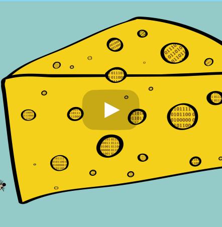 An illustration of a large yellow wedge of cheese that has holes in it. The holes are filled with 1s and 0s. A tiny gray cartoonish mouse stands to the left of the cheese wedge.